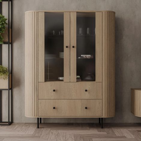 AX LIVING Vitrine Halay Eiche Cremona, 2 Türen & 2 Schubladen Moderne Rillenstruktur, mit runden Kanten