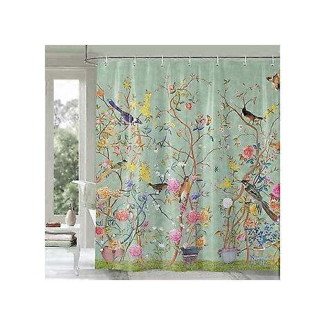 Duschvorhang Grün, schimmelresistent, wasserdicht, Vogel- und Blumenmuster, Badezimmervorhang mit 12 Haken, 120 x 180 cm