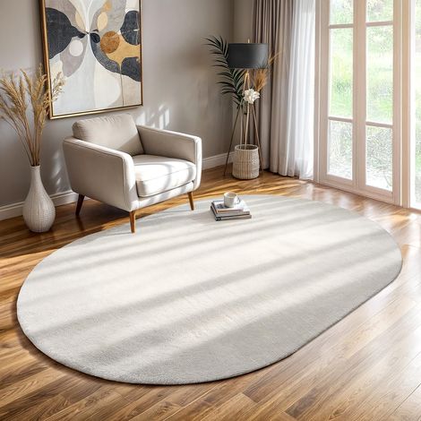 Tapis Moderne Moelleux à Poils Courts, antidérapant, Lavable Jusqu’à 30°C, Super Doux, Aspect Fourrure, pour Salon et Chambre, décoratif, Créme, 140 x 200 cm Ovale (1/4)