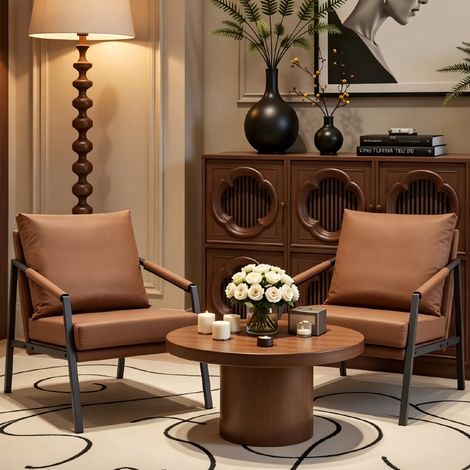 Sillón tapizado moderno, asiento acolchado, estructura metálica resistente, piel sintética, negro y marrón (1/5)