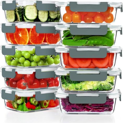 Set di 10 contenitori per il pranzo in vetro ermetici con coperchio, senza BPA, adatti a microonde, forno, congelatore e lavastoviglie, grigio (1/4)
