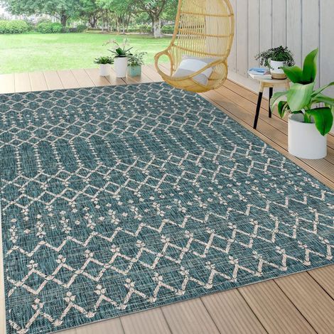Tapis Tissu texturé géométrique marocain Intérieur/Extérieur Bleu Sarcelle/Gris 240 cm x 300 cm, bohème, Facile à Nettoyer, Salon, Cour, Anti-Peluche (1/5)