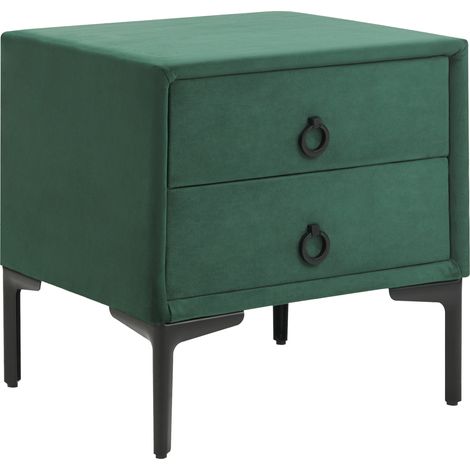 Mesita de noche 2 cajones patas negras de metal terciopelo verde oscuro Sezanne