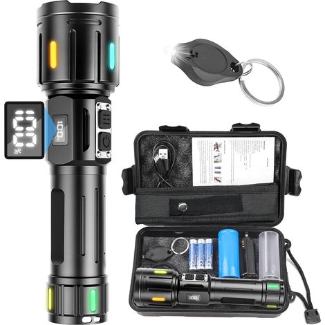 Lampe torche LED professionnelle 500 000 lumens super lumineuse – Lampe torche rechargeable avec batterie et câble USB, lampe torche tactique portable puissante, 5 modes pour camping (1/5)