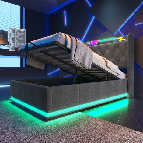 Cama tapizada 90x200 cm gris de lino con LED 360°, arcón hidráulico, cabecero USB y colchón (1/5)