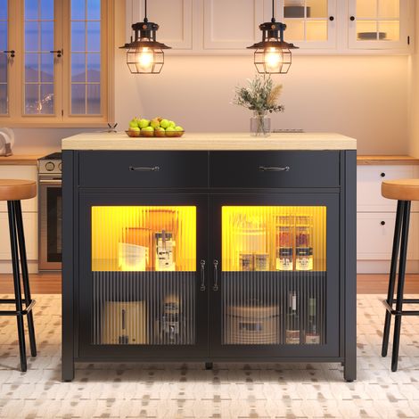 Isla de cocina con LED 100x80x90 cm, 2 cajones, puertas de cristal, negra HAVRYA (1/5)