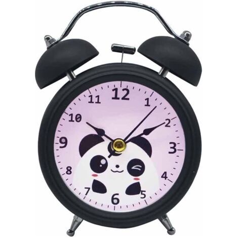 Reloj despertador infantil con doble campana, diseño de panda adorable, función de silencio, para habitación de niños (negro) (1/5)