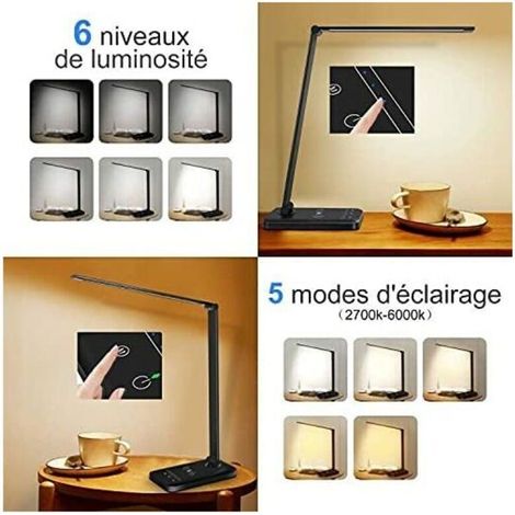 Schreibtischlampe mit kabellosem Ladegerät, dimmbare Schreibtischlampe mit 5 Farbmodi und 6 Helligkeitsstufen, flexibler Touch-Steuerung, USB-Anschluss und Timer-Funktion, faltbar/drehbar (1/4)