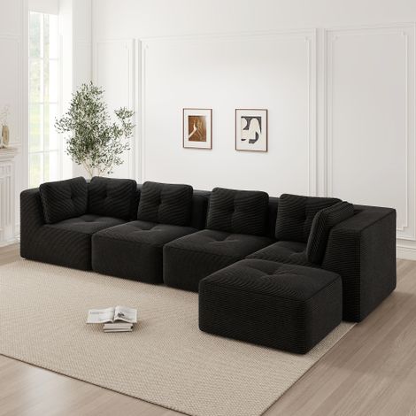 Modulares Wohnzimmersofa ohne Gestell, ein bequemes Viersitzer-Sofa mit tiefer Sitzfläche, weichen Kissen und Cordbezug, kein Aufbau erforderlich und mit rutschfestem ,Schwar
WL