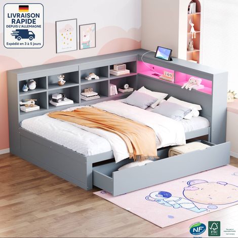 Canapé-lit 1 tiroir 140x200 cm, bois, lit double LED, compartiment de rangement ouvert, lit enfant, sans matelas, gris (1/5)