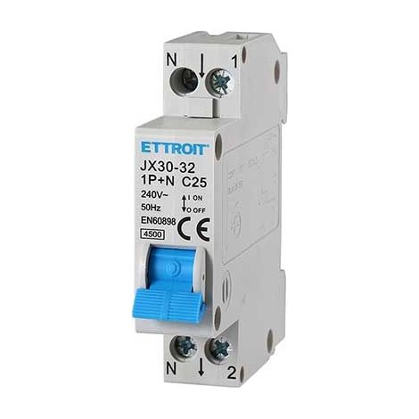 Interruttore magnetotermico 1P+N 25A 220V 1 ModulO DIN Ettroit JX152540