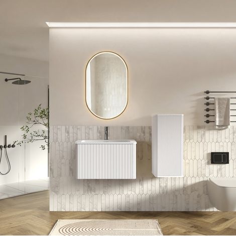 Mobile bagno sospeso 80 cm in MDF bianco con specchio LED e contenitore – MEUBLIV (1/5)