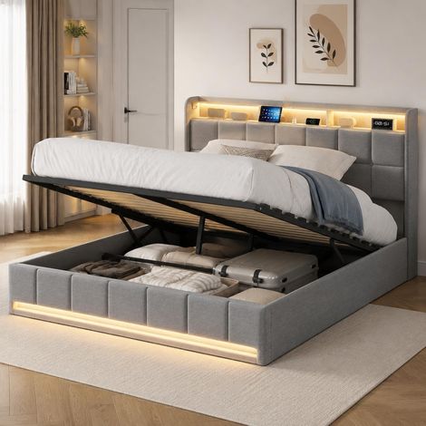 Lit coffre 160x200 cm - Tête de lit avec ports de chargement USB et Type-C, éclairage LED, compartiments, sommier à lattes - Gris (1/5)