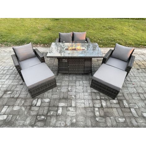 Fimous 6 Seater Rattan Garden Furniture Set Outdoor Lounge Sofa Chair Gas Fire Pit Dining Table Set With 2 Big Footstool Double Seat Sofa Armchiar (1/5)