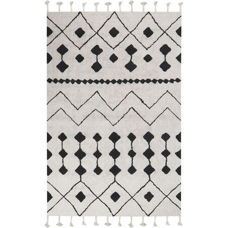 Tappeto cotone bianco sporco e nero 140 x 200 cm nappe e motivo geometrico Khemisset