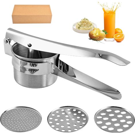 Presse-purée en acier inoxydable avec 3 disques interchangeables, presse alimentaire robuste, presse-purée, purée, fruits et légumes (argent) (1/5)