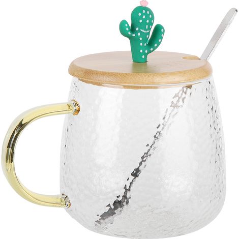 400 ml hitzebeständiger Becher aus Borosilikatglas mit Edelstahllöffel und Bambusdeckel (Kaktusmotiv) (1/5)