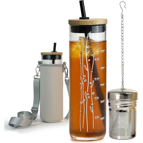 Trinkbecher 600ml Glas mit Strohhalm Bambusdeckel Grau 21oz (1/5)