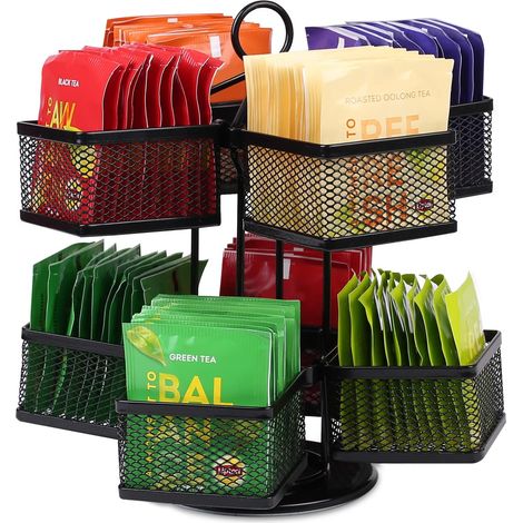 Yiomxhi Teebox mit 8 Fächern, 360° drehbare Aufbewahrungsbox für Teebeutel, 2-stöckiger Tee-Organizer für die Küchenarbeitsplatte, Schwarz