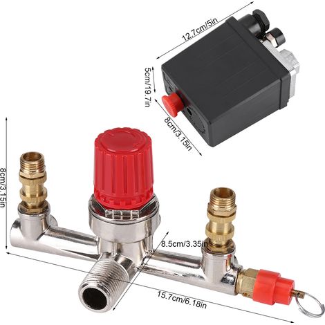 Interruptor regulador de presión para compresores de aire de 90 a 120 PSI con dos indicadores – metal/plástico, 230 V, 16 A (1/5)