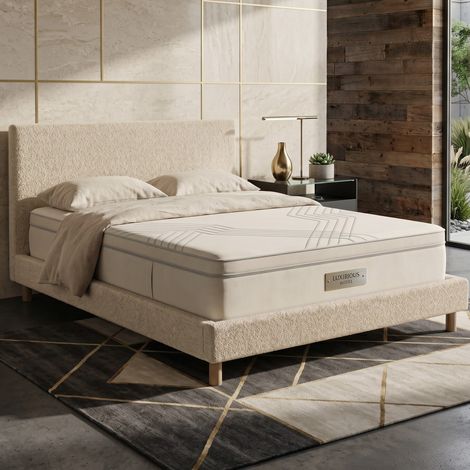 Lit bouclette 90x190 cm avec tête de lit coloris sable (1/4)