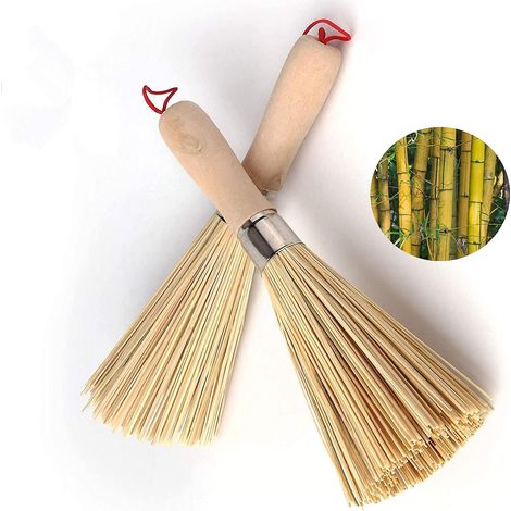 Lot de 2 brosses à wok traditionnelles en bambou naturel, brosse de nettoyage de cuisine, brosse à poêle en bambou, pour nettoyer la vaisselle, les casseroles et l'évier. (1/5)
