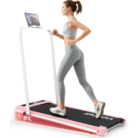 Tapis de course Pliable BIGZZIA,Vitesse 1-10 km/h, Inclinaison 8%, Moteur sans balais 3.0 HP, Tapis Roulant charge max 130kg,Rose