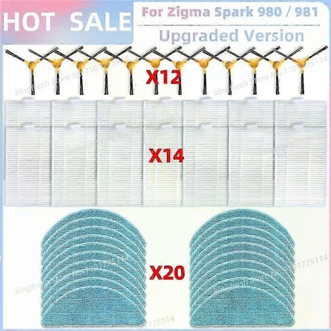 Pièces de rechange compatibles avec l'aspirateur Zigma Spark 980/981 : brosse latérale, filtre HEPA principal et chiffon de nettoyage. (1/4)
