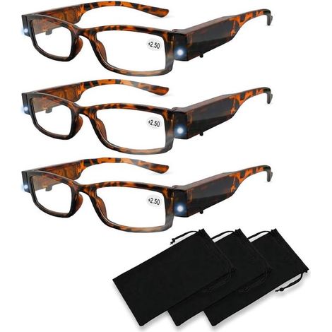 Tres pares de gafas de lectura con luz LED integrada y lupa, unisex, visión nítida para leer, aumento del 250 % y diseños coloridos. (1/5)