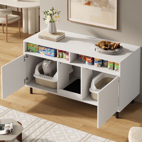 Mobile lettiera per gatti 120x50x66 cm, doppia porta, con tappetino cattura-sabbia, MDF bianco (1/5)