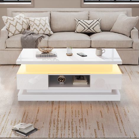 Table basse relevable 100x50x40 cm blanc en panneau de particules avec LED et rangement caché (1/5)
