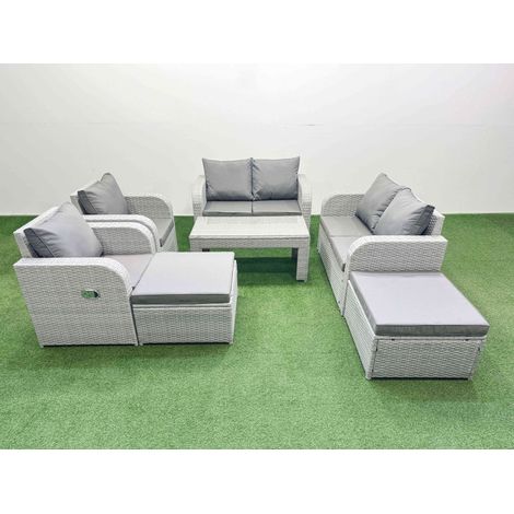 Fimous 8 Seater Outdoor Reclining Chair Love Sofa Set Rattan Garden Furniture Set with Oblong Coffee Table 2 Big FootStools Light Grey (1/4)