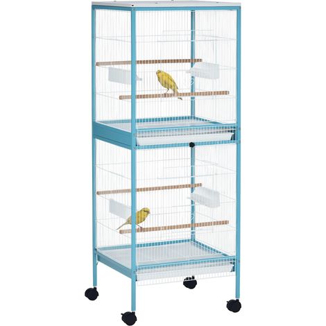 Cage à oiseaux à 2 niveaux avec roulettes, plateaux amovibles, portes, mangeoires, perchoirs, 51,5 x 50 x 140 cm, bleue