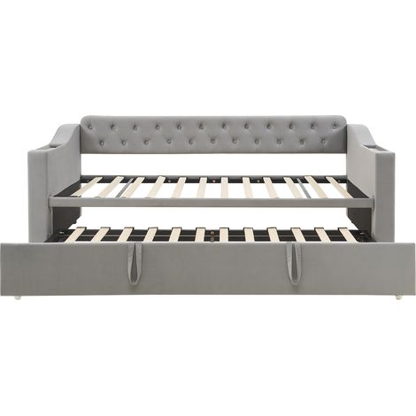 Divano letto capitonné 90x190 cm grigio con contenitore, porta USB e rete a doghe (1/5)