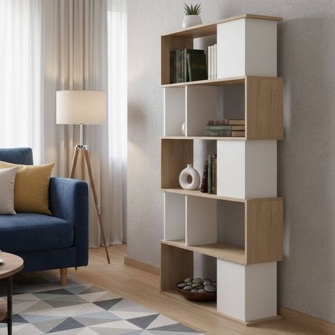 Dmora - Bücherregal Coralie, Büroregal, Mobiler Buchhalter, Bücherbrett, 80x30 h174 cm, Eiche und Weiß (1/5)