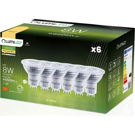 6 bombillas LED GU10 tipo foco PAR16 de 8W = 80W, 650lm, 3000K, luz cálida, regulable a 36° LUMILED