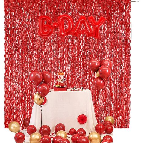 Rideaux à franges, feuille métallique, design à motif d'étoiles, S rouge, 1M (1/2)