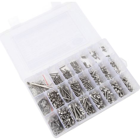 Kit 1080 pièces M2 M3 M4 en inox 304 : vis à tête hexagonale, écrous, rondelles, boulons, clé Allen incluse, assortiment complet de fixation. (1/5)