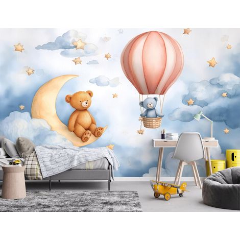 Fototapete Wolken Ballons Teddybär Mond, für Kinderzimmer, 150 x 105 cm – Komplettset inkl. Kleister & Anleitung (1/5)