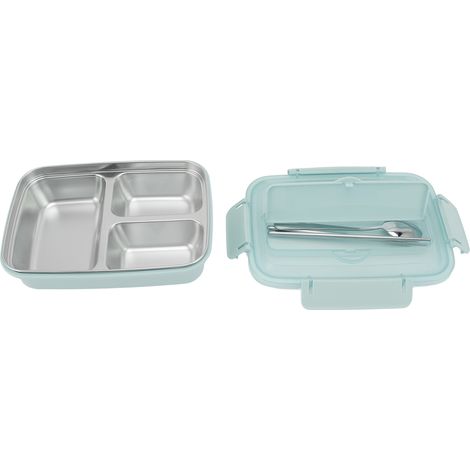 Lunchbox mit 3 Fächern aus Edelstahl 304, passendem Plastiklöffel und Essstäbchen, ideal fürs Büro (blau). (1/5)