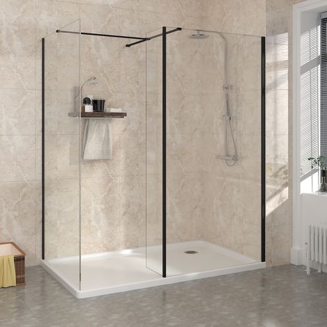 Shower Enclosure Black Wet Room Walk in Glass Shower Screen with Return Panel 700mm & 1000mm (1/5)