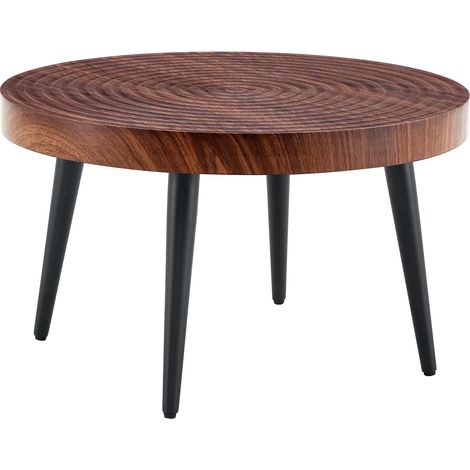 Mesa de centro redonda de madera oscura, tablero de 5 cm y patas metálicas negras (1/5)