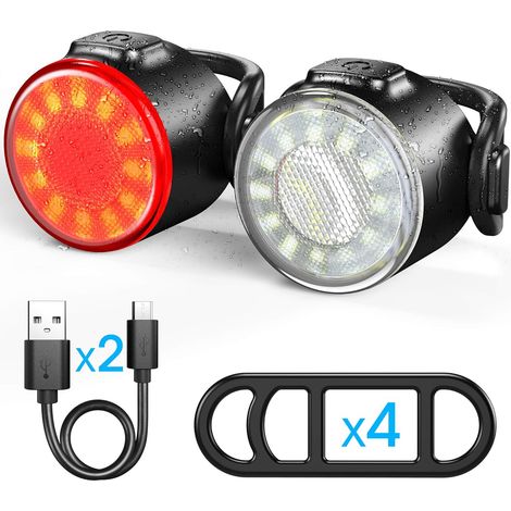 Éclairage vélo LED, rechargeable par USB (avant et arrière), étanche IPX4, 6 modes de luminosité, adapté à tous les vélos et à toutes les conditions météorologiques. (1/5)