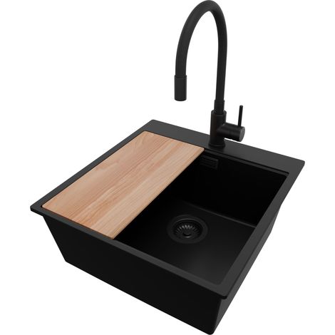 PRIMAGRAN Evier Cuisine en Granit 48x50cm, Lavabo 1 bac + Robinet 40x38cm + Kit de Vidage + Accessoire, Évier à Encastrer au meuble 50cm - Oslo, Tout Noir (1/5)
