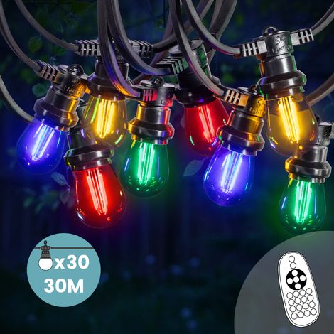 Guirlande Guinguette 30M 30 Bulbes Filament Rouge Bleu Jaune Vert avec Variateur de Luminosité et Télécommande - Guirlande Lumineuse Ampoule E27 à Intensité Variable -Guirlande Guinguette Led Dimmable (1/5)