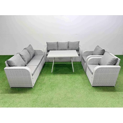 Fimous Rattan High Back Lounge Sofa Set Patio Dining Table & Chairs Set with 3 Seater Sofa 2 Reclining Chairs Light Grey (1/4)