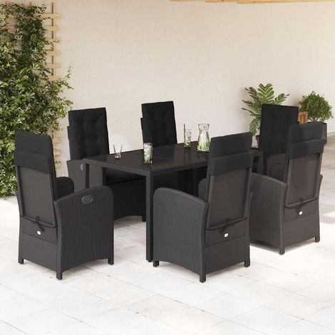 Salon de jardin 7 pièces en résine tressée noir avec coussins, table et fauteuils inclinables - PANGIVO (1/5)