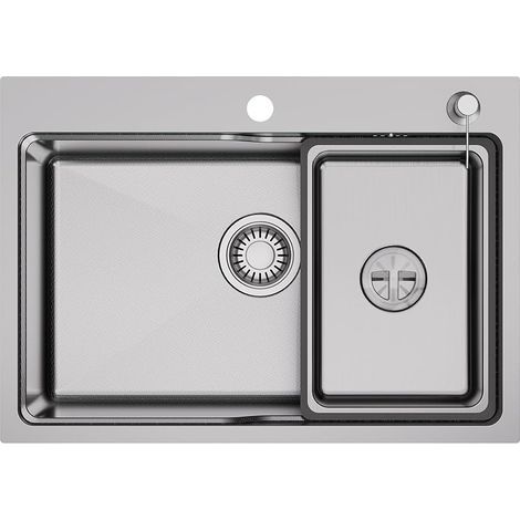 68x48 cm Évier Cuisine 1 Bac en Acier Inoxydable, Protection Insonorisante EVA, Évier de Cuisine Avec Siphon et Système d'évacuation pour Armoires 70 cm ou plus (1/5)