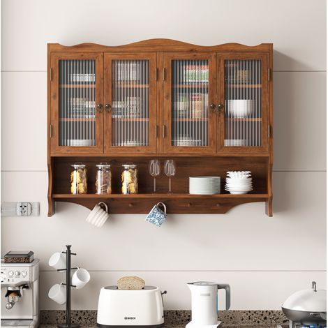 Meuble mural 100x20x80 cm en bois et verre brun, avec rangement pour salle de bain FloraGrace (1/5)