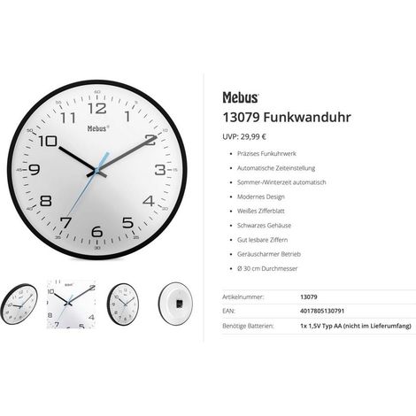 Mebus 13079 Radiocontrollato Orologio radiocontrollato 30 cm Nero Movimento silenzioso (senza scatti)